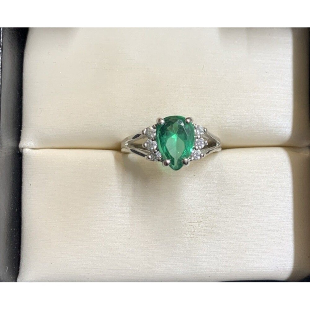 Sterling Silver Pear Shaped Lab Emerald & Cz Ring 6